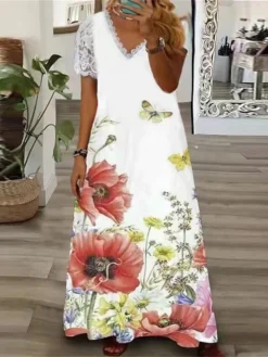 Women‘s Plus Size Curve Casual Dress A Line Dress Floral Butterfly Long Dress Maxi Dress Short Sleeve Lace Print V Neck Fashion Daily White Pink Summer Spring L XL XXL 3XL -HANs Plus Size Style Shop upghwy1678951766736