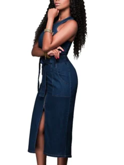 Women's Denim Dress Bodycon Sheath Dress Maxi Long Dress Denim Stylish Casual Daily Vacation Going Out Crew Neck Lace Up Zipper Sleeveless Summer Spring Fall 2023 Slim Blue Pure Color S M L XL -HANs Plus Size Style Shop uptqee1643105762642