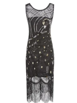 Women's Retro 1920s Fringe Dress Midi Dress Party Holiday Sequins Tassel Fringe Animal Crewneck Sleeveless Regular Fit Spring Fall 2023 Black Red S M L XL -HANs Plus Size Style Shop uqbfef1693533785293