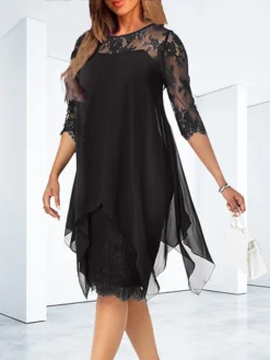 Women's Casual Dress Lace Dress Shift Dress Mini Dress Black Wine Blue 3/4 Length Sleeve Pure Color Lace Summer Spring Crew Neck Fashion 2023 S M L XL XXL 3XL 4XL 5XL -HANs Plus Size Style Shop uqfxql1671089604842