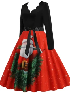 Women's Christmas Casual Dress Swing Dress Midi Dress Green Wine Light Red Fuchsia Red Long Sleeve Santa Claus Elk Bow Print Winter Fall V Neck Vacation Vintage 2022 S M L XL XXL 3XL -HANs Plus Size Style Shop uqgnfq1666761909708