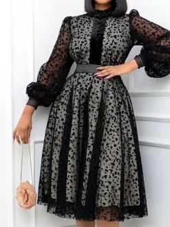 Women‘s Plus Size Curve Black Dress Easter Dress Crew Neck Lace Vacation Dress Solid Color Long Sleeve Fall Winter Prom Dress Midi Dress -HANs Plus Size Style Shop uqqgcz1652684146362