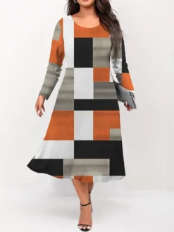 Women's Plus Size Curve Casual Dress Skater Dress A Line Dress Geometric Plaid Midi Dress Long Sleeve Print Crew Neck Fashion Outdoor Yellow Orange Fall Winter L XL XXL 3XL 4XL -HANs Plus Size Style Shop uqrlmj1695191648408