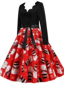 Women's Christmas Swing Dress Vintage DressKnee Length Dress Green Blue Wine Light Red Dark Green Red Long Sleeve Floral Snowman Tree Bow Print Fall Winter V Neck Vintage Fashion Casual 2022 S M L -HANs Plus Size Style Shop uqslqi1663152095310