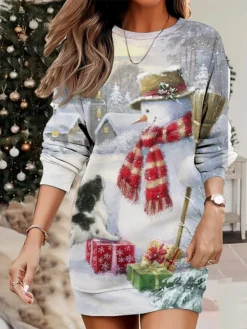 Women's Christmas Casual Dress Sweatshirt Dress Mini Dress Warm Fashion Outdoor Vacation Crew Neck Print Snowman Christmas Tree Loose Fit Blue Sky Blue Green S M L XL XXL -HANs Plus Size Style Shop urcqna1695365442693