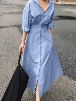 Women's Shirt Dress Casual Dress Maxi Long Dress Outdoor Daily Vacation Cotton Basic Classic Shirt Collar Button Long Sleeve Summer Spring Fall 2023 Loose Fit Black Sky Blue Khaki Pure Color S M L XL -HANs Plus Size Style Shop urihdu1680164636215