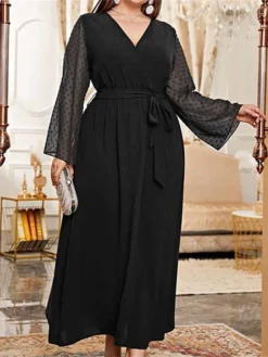 Women's Plus Size Prom Dress Party Dress Wedding Guest Dress Long Dress Maxi Dress Black Green Long Sleeve Pure Color Lace Up Fall Winter Autumn V Neck Fashion Winter Dress Wedding Guest Evening Party -HANs Plus Size Style Shop urmbda1693207139756