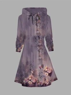Women's Casual Dress Hoodie Dress Winter Dress Floral Pocket Print Hooded Mini Dress Fashion Streetwear Outdoor Daily Long Sleeve Loose Fit Blue Purple Brown Fall Winter S M L XL XXL -HANs Plus Size Style Shop urobph1692856980050