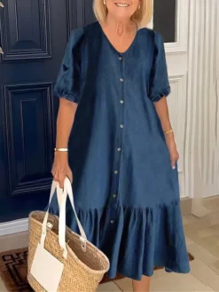 Women's Casual Dress Denim Shirt Dress Midi Dress Denim Fashion Modern Outdoor Daily V Neck Ruffle Button Half Sleeve Summer Spring Fall 2023 Loose Fit Navy Blue Blue Plain S M L XL