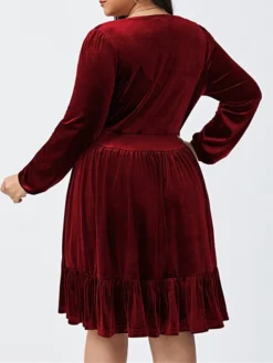 Women‘s Plus Size Curve Party Dress Velvet Dress Cocktail Dress Mini Dress Black Wine Royal Blue Long Sleeve Pure Color Ruched Spring Fall Winter V Neck Fashion Birthday Wedding Guest Vacation 2023 -HANs Plus Size Style Shop urugsn1692176733866