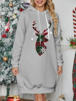 Women's Christmas Dress Hoodie Dress Mini Dress Warm Fashion Outdoor Christmas Holiday Hoodie Print Reindeer Snowflake Loose Fit Black White Wine S M L XL XXL -HANs Plus Size Style Shop urxsyd1697633973581