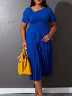 Women‘s Plus Size Curve Party Dress Solid Color V Neck Ruched Short Sleeve Fall Spring Work Prom Dress Maxi Long Dress Party Holiday Dress Ruffle -HANs Plus Size Style Shop uskxjq1648636997594