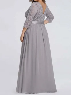 Women's Plus Size Curve Prom Dress Party Dress Lace Dress Long Dress Maxi Dress White Pink Wine 3/4 Length Sleeve Pure Color Lace Spring Fall Winter Crew Neck Fashion Birthday Evening Party -HANs Plus Size Style Shop uslmjd1692156789197