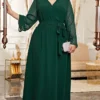 Women's Plus Size Prom Dress Party Dress Wedding Guest Dress Long Dress Maxi Dress Black Green Long Sleeve Pure Color Lace Up Fall Winter Autumn V Neck Fashion Winter Dress Wedding Guest Evening Party