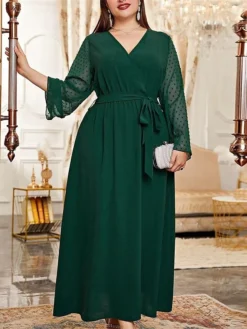 Women's Plus Size Prom Dress Party Dress Wedding Guest Dress Long Dress Maxi Dress Black Green Long Sleeve Pure Color Lace Up Fall Winter Autumn V Neck Fashion Winter Dress Wedding Guest Evening Party