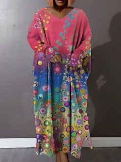 Women's Plus Size Curve Casual Dress Sweatshirt Dress Winter Dress Floral Geometric Long Dress Maxi Dress Long Sleeve Split Print V Neck Fashion Outdoor Pink Blue Fall Winter L XL XXL 3XL 4XL -HANs Plus Size Style Shop uszznr1693386159293