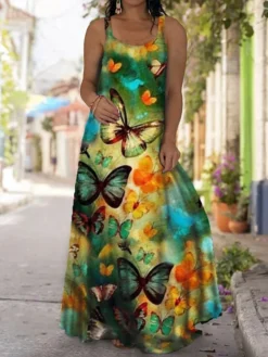 Women‘s Plus Size Curve Casual Dress Slip Dress Floral Butterfly Long Dress Maxi Dress Sleeveless Loose Print Strap Fashion Daily Black Light Green Spring Summer Dress -HANs Plus Size Style Shop utqtny1675231139565