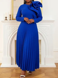 Women's Plus Size Curve Party Dress Work Dress Swing Dress Plain Long Dress Maxi Dress Long Sleeve Pleated Ruffle Crew Neck Fashion Party Blue Fall Winter XL XXL 3XL 4XL -HANs Plus Size Style Shop utwlby1694425968222