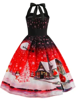Women's Christmas Swing Dress Vintage Dress Midi Dress Blue Purple Fuchsia Red Sleeveless Santa Claus Backless Print Winter Fall Halter Neck Vacation Stylish Elegant 2022 S M L XL XXL -HANs Plus Size Style Shop uublsa1666168096752