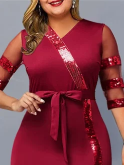 Women's Plus Size Party Dress Sequin Dress Cocktail Dress Midi Dress Wine Half Sleeve Pure Color Lace Up Summer Spring Fall V Neck Fashion Wedding Guest Birthday Vacation 2023 XL XXL 3XL 4XL 5XL -HANs Plus Size Style Shop uudfff1691723189159