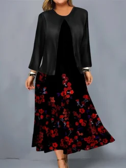 Women's Plus Size Curve Casual Dress Dress Set Two Piece Dress Floral Midi Dress Long Sleeve Print Crew Neck Mature Outdoor Yellow Red Fall Winter L XL XXL 3XL 4XL -HANs Plus Size Style Shop uuivvx1695191654175