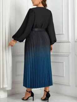 Women's Plus Size Curve Party Dress Casual Dress Sheath Dress Gradient Midi Dress Long Sleeve Lace Up Pleated V Neck Fashion Party Deep Blue Fall Winter XL XXL 3XL 4XL -HANs Plus Size Style Shop uuyprg1694594740774