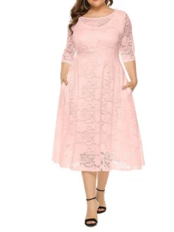 Women's Plus Size Curve Party Dress Lace Dress Semi Formal Dress Solid Color Midi Dress 3/4 Length Sleeve Lace Patchwork Crew Neck Fashion Wedding Light Yellow Black Spring Fall XL XXL 3XL 4XL 5XL -HANs Plus Size Style Shop uvbnzt1693533332566