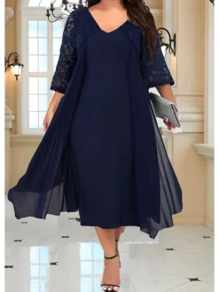 Women‘s Plus Size Curve Party Dress Lace Dress Work Dress Midi Dress Blue 3/4 Length Sleeve Pure Color Lace Summer Spring Fall V Neck Fashion Wedding Guest Summer Dress 2023 L XL XXL 3XL 4XL 5XL -HANs Plus Size Style Shop uvdcus1692671526846