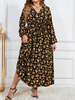 Women's Plus Size Curve Party Dress Swing Dress Empire Waist Dresses Long Dress Maxi Dress Black Long Sleeve Floral Print Spring Fall Winter V Neck Fashion Winter Dress Birthday Wedding Guest XL XXL -HANs Plus Size Style Shop uvdcwu1692156454734