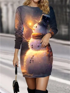 Women's Christmas Dress Casual Dress Mini Dress Warm Fashion Outdoor Christmas Vacation Crew Neck Print Snowman Regular Fit Yellow Blue S M L XL XXL
