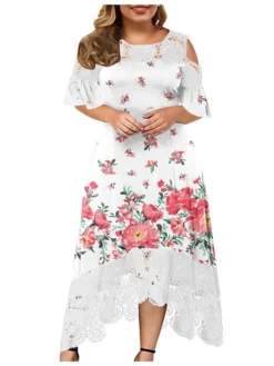 Women‘s Plus Size Curve Holiday Dress Floral Crew Neck Lace Half Sleeve Fall Spring Maxi Long Dress Date Vacation Dress Print -HANs Plus Size Style Shop uvhlih1654584189750