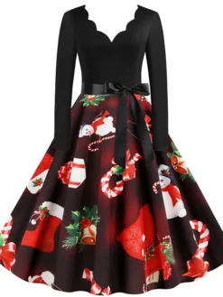 Women's Christmas Knee Length Dress Wine Green Orange Black Red Brown Navy Blue Long Sleeve Print Bow Print Fall Winter V Neck Casual Vintage2021 S M L XL XXL 3XL -HANs Plus Size Style Shop uvkwax1629971431143