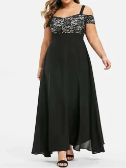 Women‘s Plus Size Curve Party Dress Homecoming Dress Formal Dress Solid Color Long Dress Maxi Dress Short Sleeve Lace Strap Modern Party Black Wine Summer Spring L XL XXL 3XL 4XL -HANs Plus Size Style Shop uwcgwk1672986718155