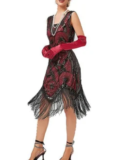 Women's Retro 1920s Fringe Dress Midi Dress Party Halloween Sequins Tassel Fringe Geometric V Neck Sleeveless Regular Fit Spring Fall 2023 Black Red XS S M L -HANs Plus Size Style Shop uwcimh1692947259827