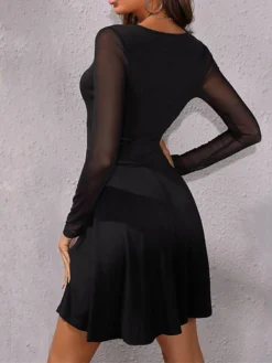 Women's Casual Dress A Line Dress Mini Dress Black Wine Long Sleeve Pure Color Mesh Summer Spring V Neck Fashion Vacation Fall Dress 2023 S M L XL -HANs Plus Size Style Shop uwmxxx1642756750636