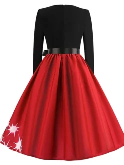 Women's Christmas Knee Length Dress Blue Purple Red Long SleeveBell Print Bow Print Fall Round Neck Vintage PartySlim 2022 S M L XL XXL -HANs Plus Size Style Shop uwwflw1601018173869