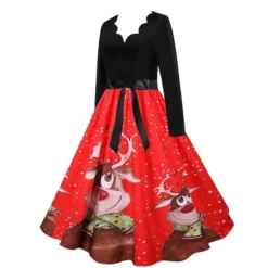 Women's Christmas Knee Length Dress Gray White Black Red Brown Long Sleeve Print Bow Print Fall Winter V Neck Casual Vintage2021 S M L XL XXL 3XL -HANs Plus Size Style Shop uwxbfx1629971763530