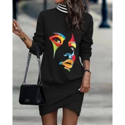 Women's Sweatshirt Dress Winter Dress Shift Dress Midi Dress Black And White Black Gray Black And White Stripes 3/4 Length Sleeve Print Print Fall Winter Autumn Turtleneck Fashion 2023 S M L XL 2XL -HANs Plus Size Style Shop uxbzfk1664332397128