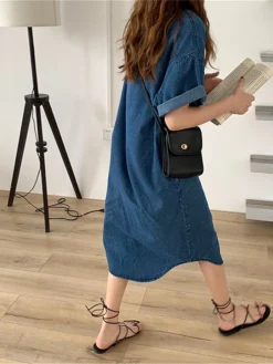 Women's Shift Dress Denim Shirt Dress Midi Dress Denim Fashion Casual Outdoor Daily Vacation Shirt Collar Button Pocket Short Sleeve Summer Spring Fall 2023 Loose Fit Blue Plain S M L XL -HANs Plus Size Style Shop uxdnbv1677036645475
