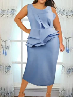 Women's Plus Size Curve Party Dress Bodycon Sheath Dress Plain Midi Dress Sleeveless Ruffle Crew Neck Fashion Party Sky Blue Spring Fall XL XXL 3XL 4XL