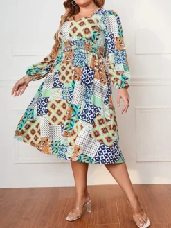 Women's Plus Size Curve Party Dress Wedding Guest Dress Tunic Dress Midi Dress Blue Long Sleeve Geometric Print Spring Fall Winter V Neck Fashion Evening Party Wedding Guest XL XXL 3XL 4XL