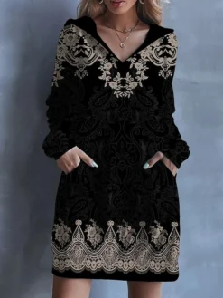 Women's Casual Dress Sweatshirt Dress Mini Dress Warm Fashion Outdoor Vacation Going Out Hoodie Print Graphic Loose Fit Black S M L XL XXL