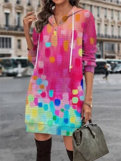 Women's Casual Dress Hoodie Dress Mini Dress Warm Fashion Outdoor Vacation Going Out Hoodie Pocket Print Geometric Regular Fit Yellow Pink Blue S M L XL XXL