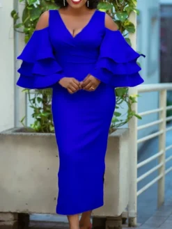 Women‘s Plus Size Curve Party Dress Solid Color V Neck Short Sleeve Spring Fall Work Formal Prom Dress Midi Dress Formal Party Dress