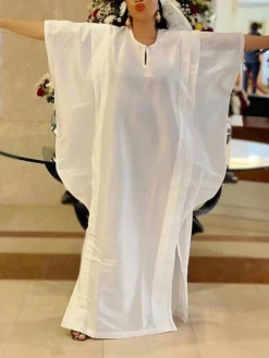 Women‘s Plus Size Curve Casual Dress Shift Dress Kaftan Dress Solid Color Long Dress Maxi Dress Half Sleeve Ruffle Crew Neck Elegant Vacation White Yellow Summer Spring One Size -HANs Plus Size Style Shop uxtikp1677653318233