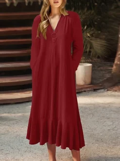 Women's Plus Size Curve Casual Dress Swing Dress A Line Dress Solid Color Midi Dress Long Sleeve Pocket V Neck Basic Outdoor Black Wine Fall Winter L XL XXL 3XL 4XL