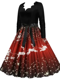 Women's Christmas Party Dress Swing DressKnee Length Dress Green Purple Wine Red Black Long Sleeve Santa Claus Elk Snowman Print Fall Winter V Neck Vintage Party Elegant Party 2022 S M L XL XXL 3XL -HANs Plus Size Style Shop vaciqw1665475505270