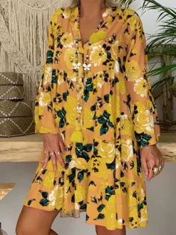 Women‘s Plus Size Curve Casual Dress Floral V Neck Print Long Sleeve Fall Spring Casual Short Mini Dress Daily Vacation Dress -HANs Plus Size Style Shop vagric1660643931759