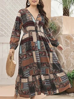 Women's Plus Size Curve Work Dress Swing Dress Semi Formal Dress Fashion Long Dress Maxi Dress Print V Neck Long Sleeve Geometric Paisley Regular Fit Khaki Fall Winter L XL XXL 3XL 4XL -HANs Plus Size Style Shop vaikat1693280732354