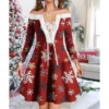 Women's Christmas Swing Dress Vintage Dress Mini Dress Green Light Green Wine Red Navy Blue White Long Sleeve Snowman Tree Snowflake Backless Feather Print Winter Fall Off Shoulder Vacation Stylish